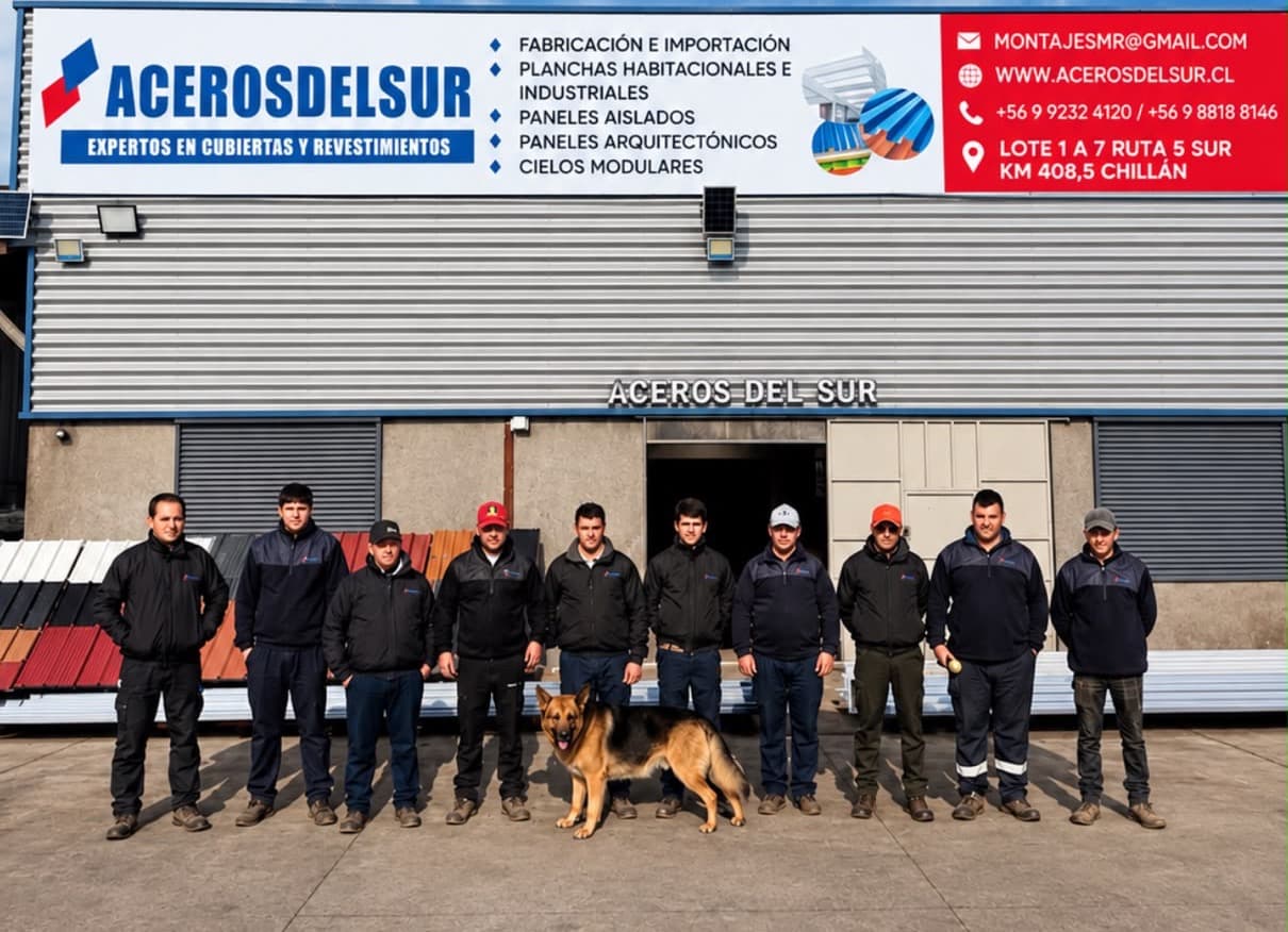 Equipo de Aceros del Sur frente a la planta en la Ruta 5 Sur, Chillán